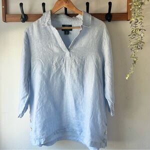 TAHARI Linen Coastal Light Blue side button Split Neck Longline Summer blouse
